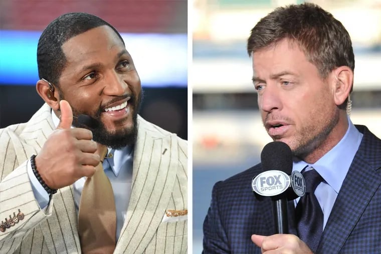 Former Ravens linebacker Ray Lewis (left) has been hired by Fox Sports, while ongtime NFL announcer Troy Aikman reportedly angered network execs with his criticism of Skip Bayless.