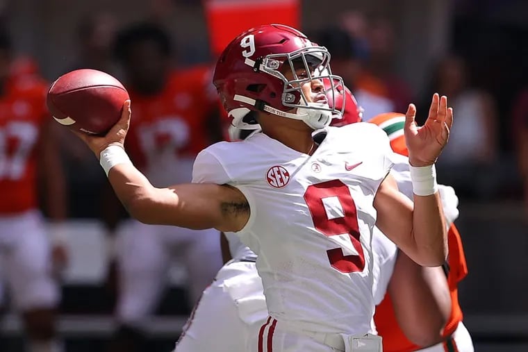 Action Network Use Only - Alabama Crimson Tide quarterback Bryce Young (#9) will face his toughest test of the season against the Texas Longhorns on Saturday. (Kevin C. Cox/Getty Images/TNS)