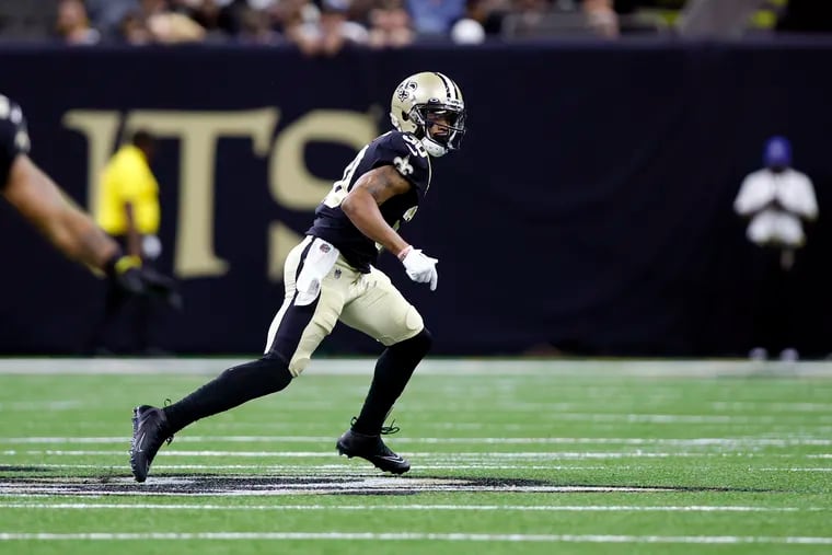 New Orleans Saints safety Justin Evans in action during an NFL preseason football game against the Los Angeles Chargers, Friday, Aug. 26, 2022, in New Orleans.