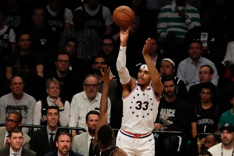 Tobias Harris puts up a shot against the Nets during the playoffs.