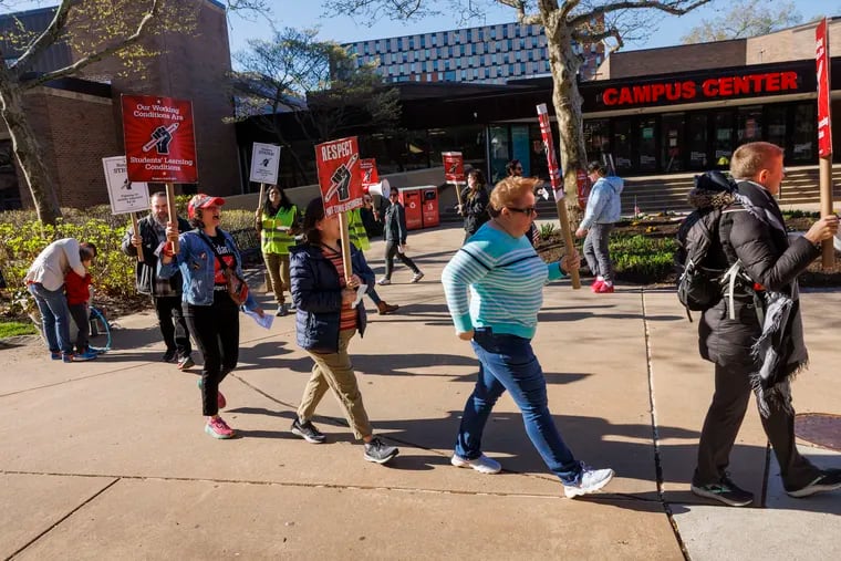 A picket line at the Rutgers-Camden campus in April 2023. Roughly 9,000 educators, researchers, and clinicians went strike at Rutgers University last year.