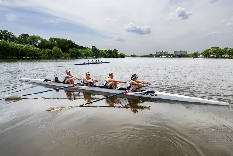 Stockton College prepares for the start of the Women’s  Four Novice race during the Annual Dad Vail Regatta in Camden County in May 2023.