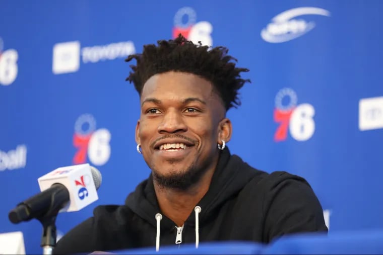 Jimmy Butler speaks to the media at the Sixers practice facility in Camden on Tuesday.