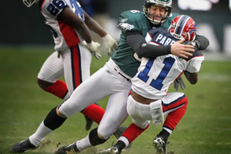 Eagles punter Sav Rocca was the last line of defense as he tackled Bills punt returner Roscoe Parrish in the third quarter. Rocca stopped Parrish at the Bills&#0039; 40-yard line.