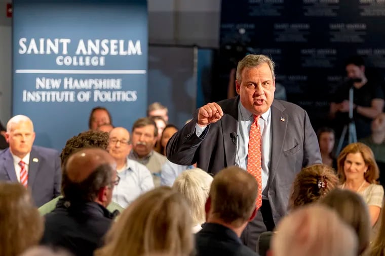 Former New Jersey Gov. Chris Christie launches his bid for the Republican nomination for president at a town hall at Saint Anselm College in Manchester, New Hampshire Tuesday June 6, 2023. The campaign is the second for Christie, who lost to former President Donald Trump in 2016.