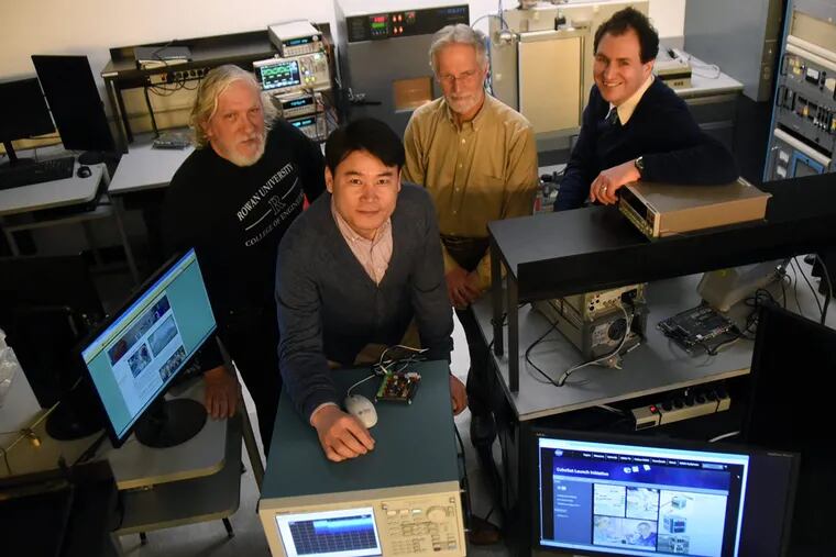 Rowan professors working on the NASA CubeSat Launch Initiative include (from left) John L. Schmalzel, Sangho Shin, Robert R. Krchnavek, and Robi Polikar. The Rowan proposal was one of 20 selected from 12 states.