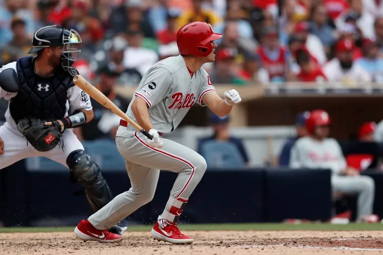 Adam Haseley records his first major-league hit, an RBI double, in the eighth inning of the Phillies' 7-5 win over the Padres Wednesday in San Diego.