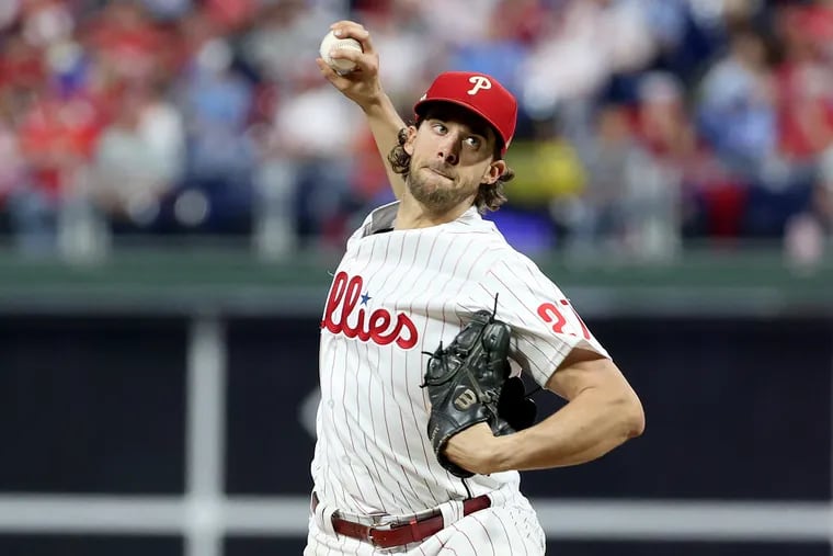 Phillies pitcher Aaron Nola delivers a pitch against the Atlanta Braves during Game 3 of the National League Division Series at Citizens Bank Park. Nola enters Wednesday's NLCS Game 2 start against San Diego having not allowed an earned run in 20 1/3 innings. (Photo by Tim Nwachukwu/Getty Images)