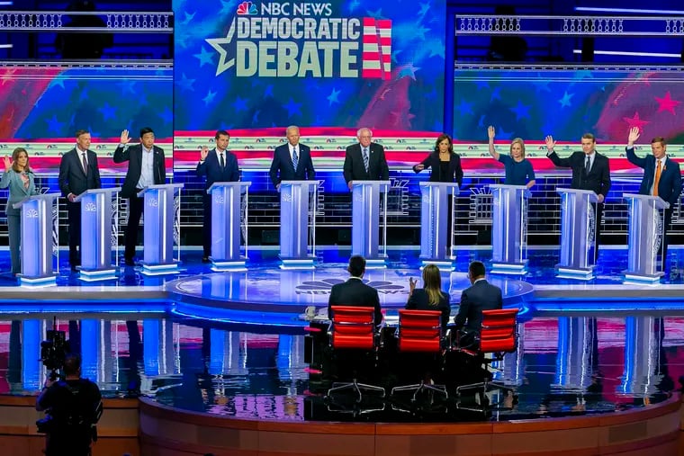 Democratic presidential candidates on stage during the second night of the first Democratic presidential debate on June 27, 2019, at the Arsht Center for the Performing Arts in Miami.