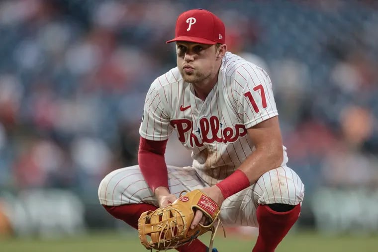 The hits haven't been falling lately for Phillies first baseman Rhys Hoskins.