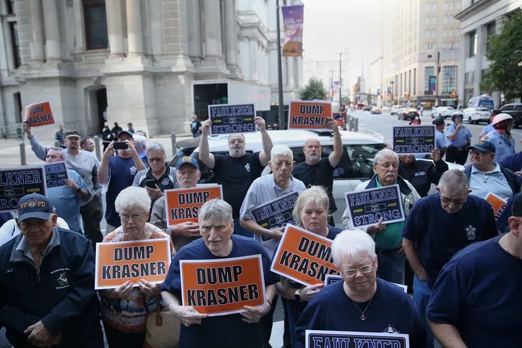 Supporters of Maureen Faulkner protest outside the Philadelphia District Attorney's Office on Friday, Oct. 4, 2019. DA Larry Krasner's spokesperson, Jane Roh, posted this photo on Twitter and commented about the attendees' race.