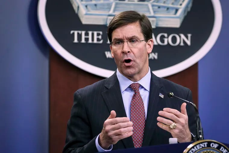 Secretary of Defense Mark Esper holds an end-of-year press conference at the Pentagon on Dec. 20, 2019, in Arlington, Va. Esper said Monday that the U.S. has made "no decision whatsoever" to pull troops from Iraq.