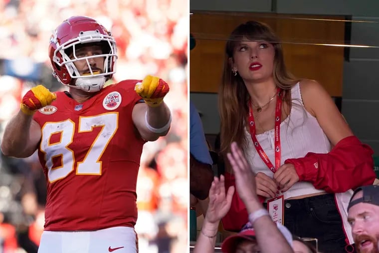 Travis Kelce celebrates after scoring a second-half touchdown against the Bears. Taylor Swift watched the game from a suite alongside Kelce's friends and family.