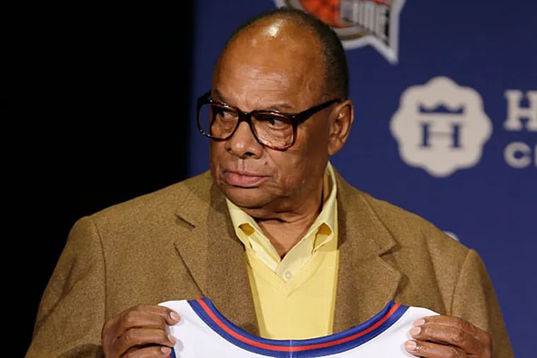 Former college coach George Raveling stands on stage during the Naismith Memorial Basketball Hall of Fame class of 2015 announcement, Monday, April 6, 2015, in Indianapolis.