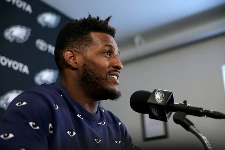 Eagles new wide receiver Mike Wallace speaks during his press conference at the NovaCare complex in Philadelphia, PA on March 23, 2018.