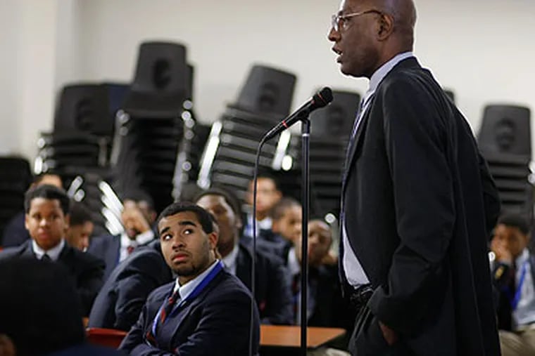David Hardy, CEO of Boys' Latin Charter School of Philadelphia, talks to students about the knifing and fight Friday during a school assembly. (Michael S. Wirtz / Staff Photographer)