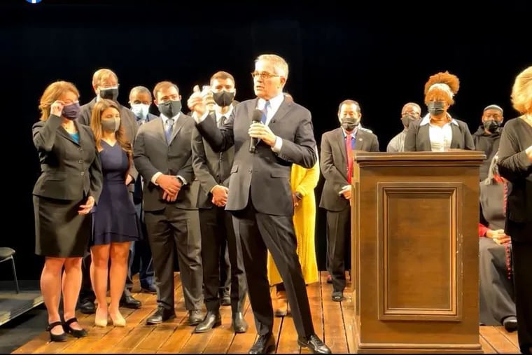 Philadelphia District Attorney Larry Krasner speaks after being sworn-in for a second term on Monday. Due to rising COVID-19 cases, Krasner spoke at a small gathering that was streamed and broadcast online and on WURD radio.