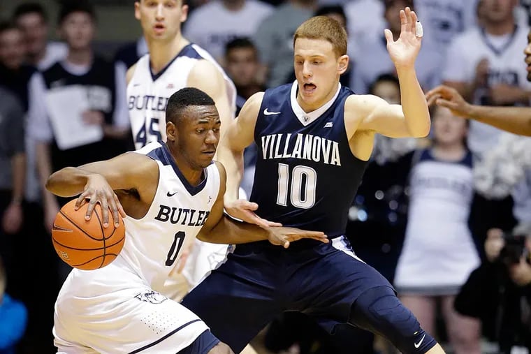 Butler guard Avery Woodson (0) drives on Villanova guard Donte DiVincenzo (10) in the first half of an NCAA college basketball game in Indianapolis, Wednesday, Jan. 4, 2017.