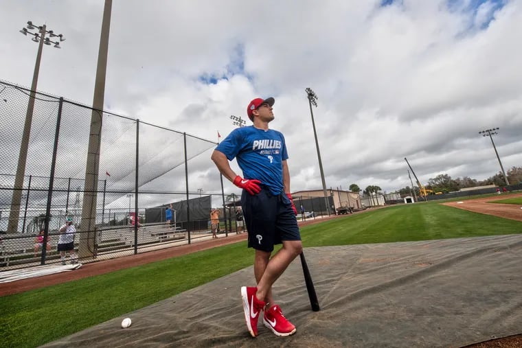 Phillies catcher, J. T. Realmuto waits for his time to bat during spring training pre-workouts at Spectrum Field in Clearwater, Fla.Tuesday, February, 12, 2019.