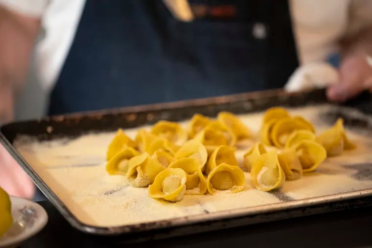 Chef Michael Ferreri talks about the tortellini during the Salvatore’s Counter tasting menu dinner at Irwin’s in the Bok building in Philadelphia. Salvatore’s Counter is a 10-course dinner for up to four diners.
