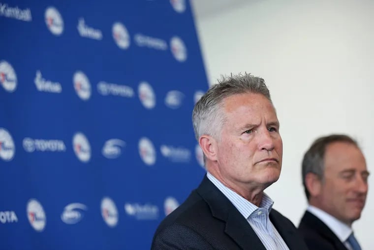 Brett Brown (left) and Josh Harris are aiming high in the search for a general manager.
