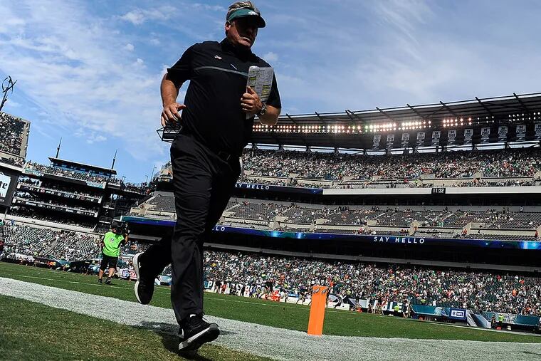 Philadelphia Eagles head coach Doug Pederson runs off the field during an NFL football game against the Cleveland Browns, Sunday, Sept. 11, 2016, in Philadelphia.