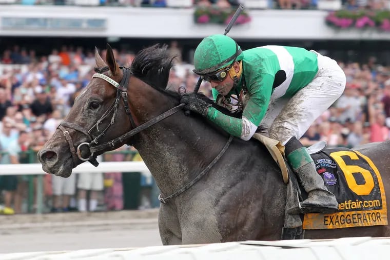 Exaggerator, with jockey Kent Desormeaux, wins the Haskell Invitational on Sunday at Monmouth Park.