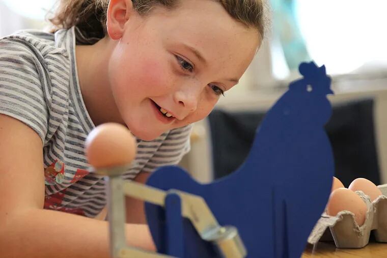 Maggie Fickensher, 8, looks to see whether the egg can be classified a medium or large egg by way of an egg scale.