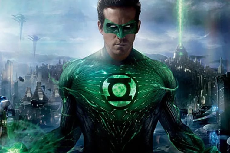 Ryan Reynolds is test-pilot-turned-superhero Green Lantern, powered by emeralds on a set of green gunk.