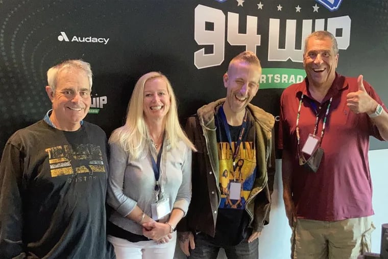 Spike Eskin (second from right) with retired 94.1 WIP morning show host Angelo Cataldi (right), Al Morganti, and Rhea Hughes. Eskin is returning to Philadelphia to cohost WIP's afternoon show with Ike Reese and Jack Fritz.