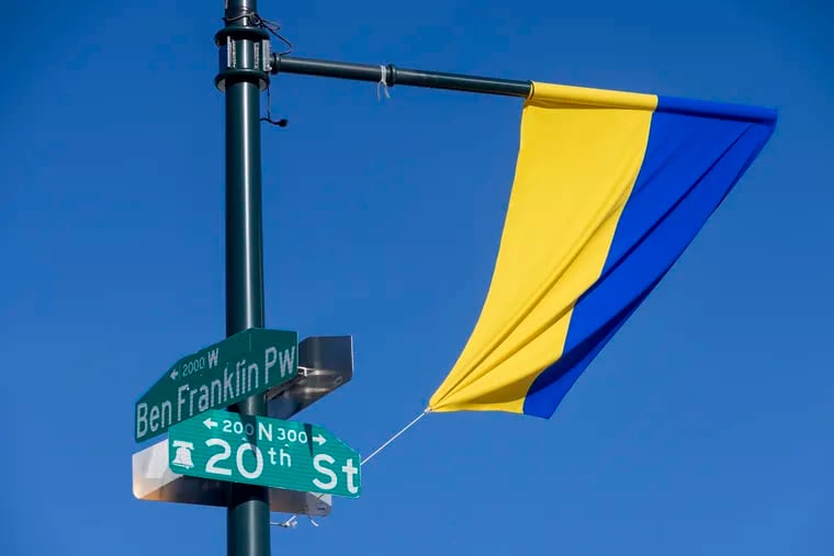 A Ukrainian flag was put on light post along the Benjamin Franklin Parkway at 20th Street, where the Russian flag used to hang.