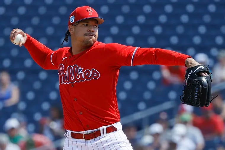 Phillies pitcher Taijuan Walker throws the baseball during the second inning against the Detroit Tigers in a spring training game at BayCare Ballpark in Clearwater, Florida on Friday, March 3, 2023.