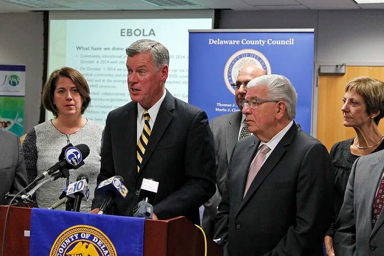 Thomas J. McGarrigle, chairman of the Delaware County Council, address the media about spearheading an Ebola and Infectious Disease Task Force to disseminate information and promote heightened awareness in Morton, Pa., on Tuesday, October 14,  2014. ( RON CORTES / Staff Photographer )