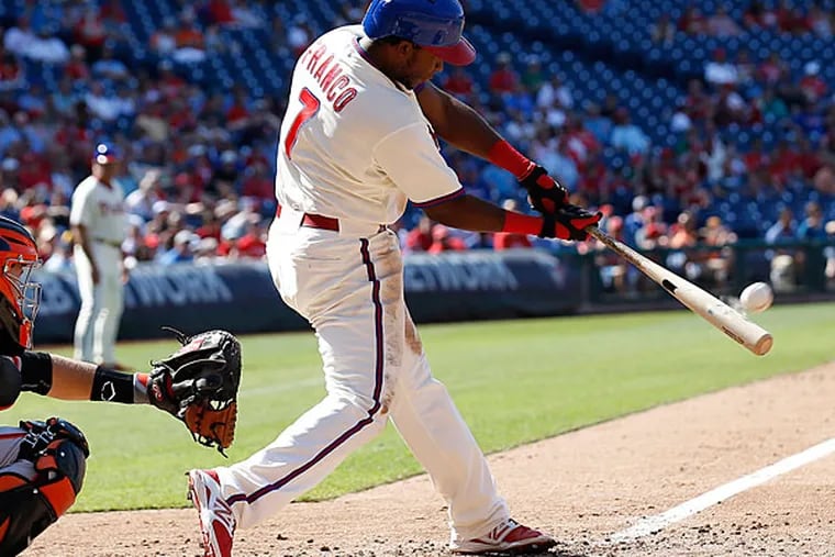 Maikel Franco hits a eighth-inning solo home run against the San Francisco Giants. (Yong Kim/Staff Photographer)