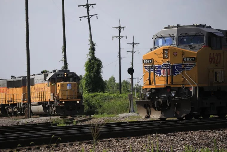 Union Pacific freight trains in East St. Louis, Ill., in July.