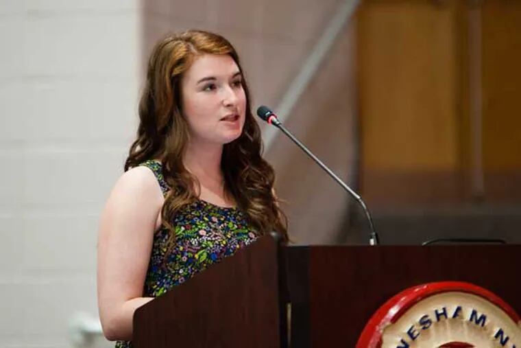 Neshaminy High School senior Gillian McGoldrick speaks against Policy 600 June 26, 2014 at the Neshaminy School District board meeting n Langhorne, Pennsylvania. The policy is in response to a controversy over the editors’ refusal to publish op-ed piece written by school board member Steven Pirritano’s son because it used the word “Redskin,” the school’s mascot. June 26, 2014, Langhorne, Pennsylvania. ( MATTHEW HALL / Staff Photographer ).