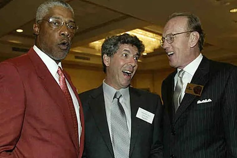Phil Jasner (middle) at the Basketball Hall of Fame with Julius Erving (left) and Billy Cunningham in 2004. (Steven M. Falk/Staff File Photo)