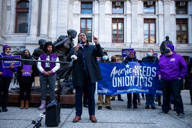 State Representative Malcolm Kenyatta speaks outside of City Hall by the Harriet Tubman statue during his endorsement by SEIU, the statewide healthcare labor union, in Philadelphia on Wednesday.