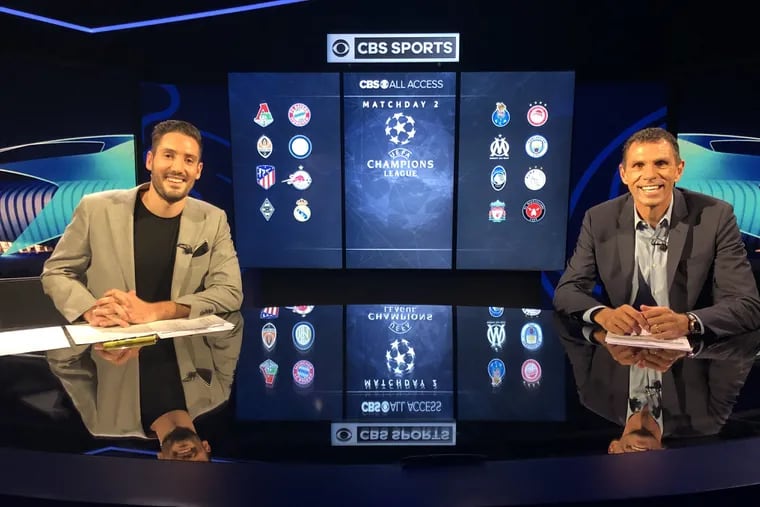Nico Cantor (left) and Gus Poyet on the set of CBS Sports' UEFA Champions League whiparound show.