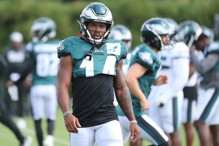 Eagles running back Kenneth Gainwell (14) during practice at the NovaCare Complex in South Philadelphia on Wednesday, Sept. 15, 2021. The Eagles will face the San Francisco 49ers at home in Philadelphia on Sunday afternoon.