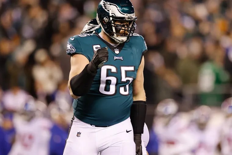 Eagles offensive tackle Lane Johnson pumps his fist during the NFC divisional round victory Saturday over the Giants.