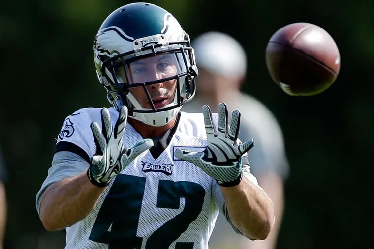 Philadelphia Eagles free safety Chris Maragos catches a pass at the NFL football team's practice facility, Thursday, Oct. 8, 2015, in Philadelphia.
