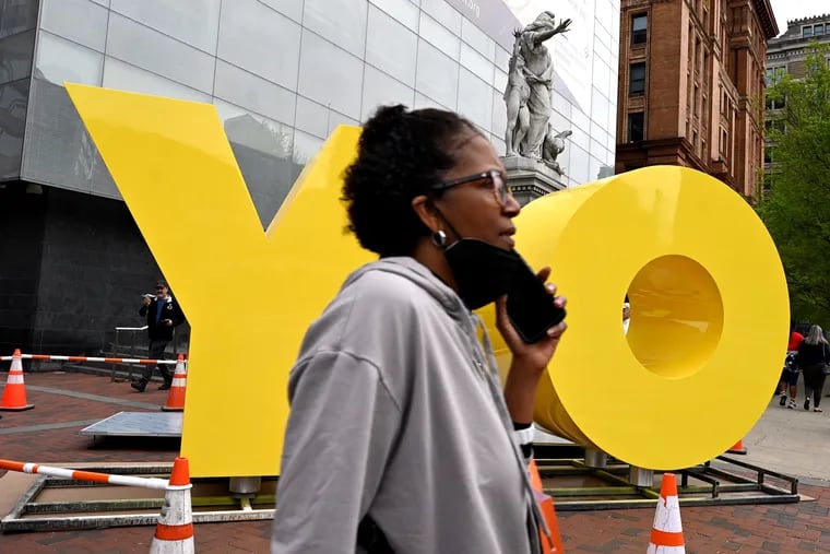 The OY/YO sculpture by artist Deborah Kass is installed outside the Weitzman National Museum of American Jewish History on Independence Mall May 1, 2022. 