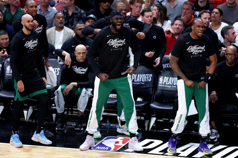 I expect to see more celebrating from the Boston Celtics bench Monday when they look to go up 3-1 against the Miami Heat. (Photo by Megan Briggs/Getty Images)