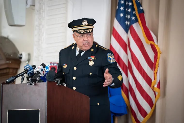 Police Commissioner Kevin J. Bethel speaks at a news conference at the Philadelphia Military Academy to announce a $1 million program that will train 300 officers and 100 school staff on how to support Philadelphia students who experience violence outside of the classroom.