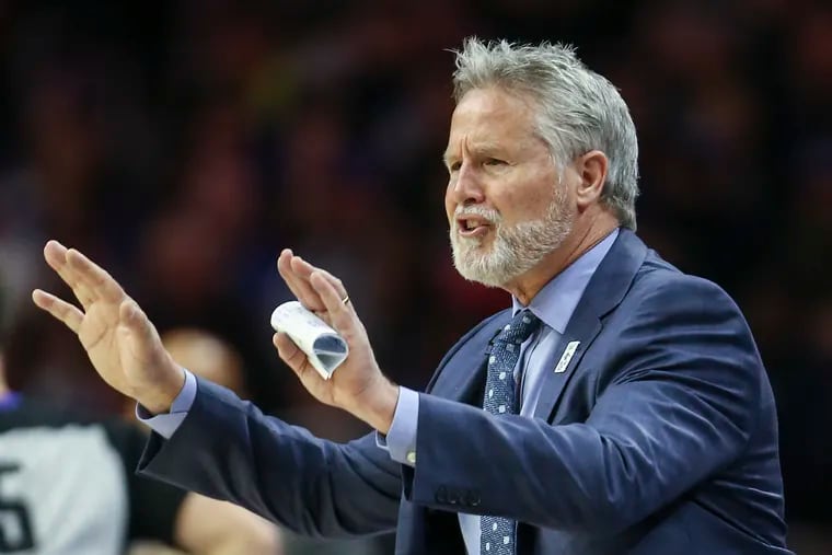 Sixers' head coach Brett Brown calls plays against the Celtics during the 3rd quarter at the Wells Fargo Center in Philadelphia, Wednesday, March 20, 2019.  Sixers beat the Celtics 118-115.