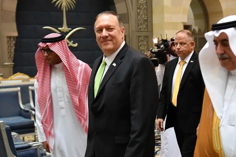 Secretary of State Mike Pompeo walks after stepping off his plane upon arrival at King Abdulaziz International Airport in Jeddah, Saudi Arabia.