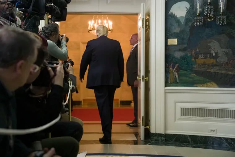 President Donald Trump departs after speaking about the partial government shutdown, immigration, and border security in the Diplomatic Reception Room of the White House, in Washington, Saturday, Jan. 19, 2019.