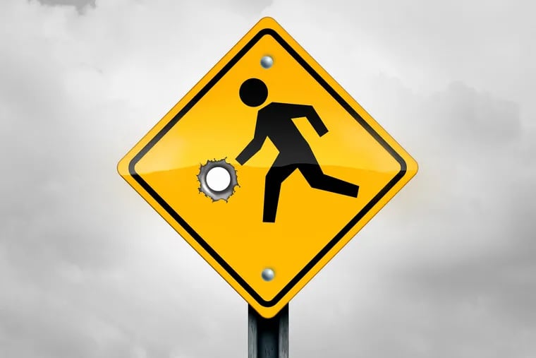 Guns and children and firearms or weapons access and violence on a child as a kid crossing traffic sign with a gunshot hole as a safety and risk symbol as a 3D illustration.