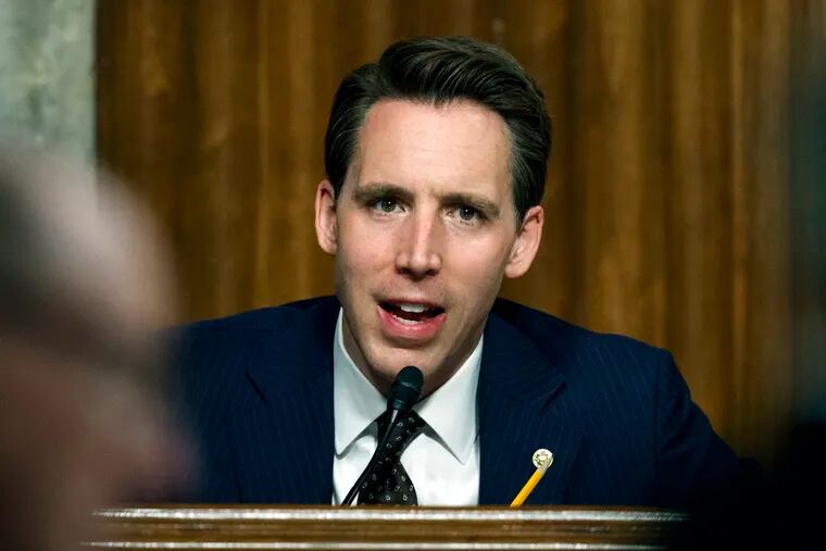 FILE - In this Feb. 29, 2019 file photo, Sen. Josh Hawley, R-Mo., speaks during a Senate Armed Services Committee hearing on Capitol Hill in Washington. (AP Photo/Carolyn Kaster, File)